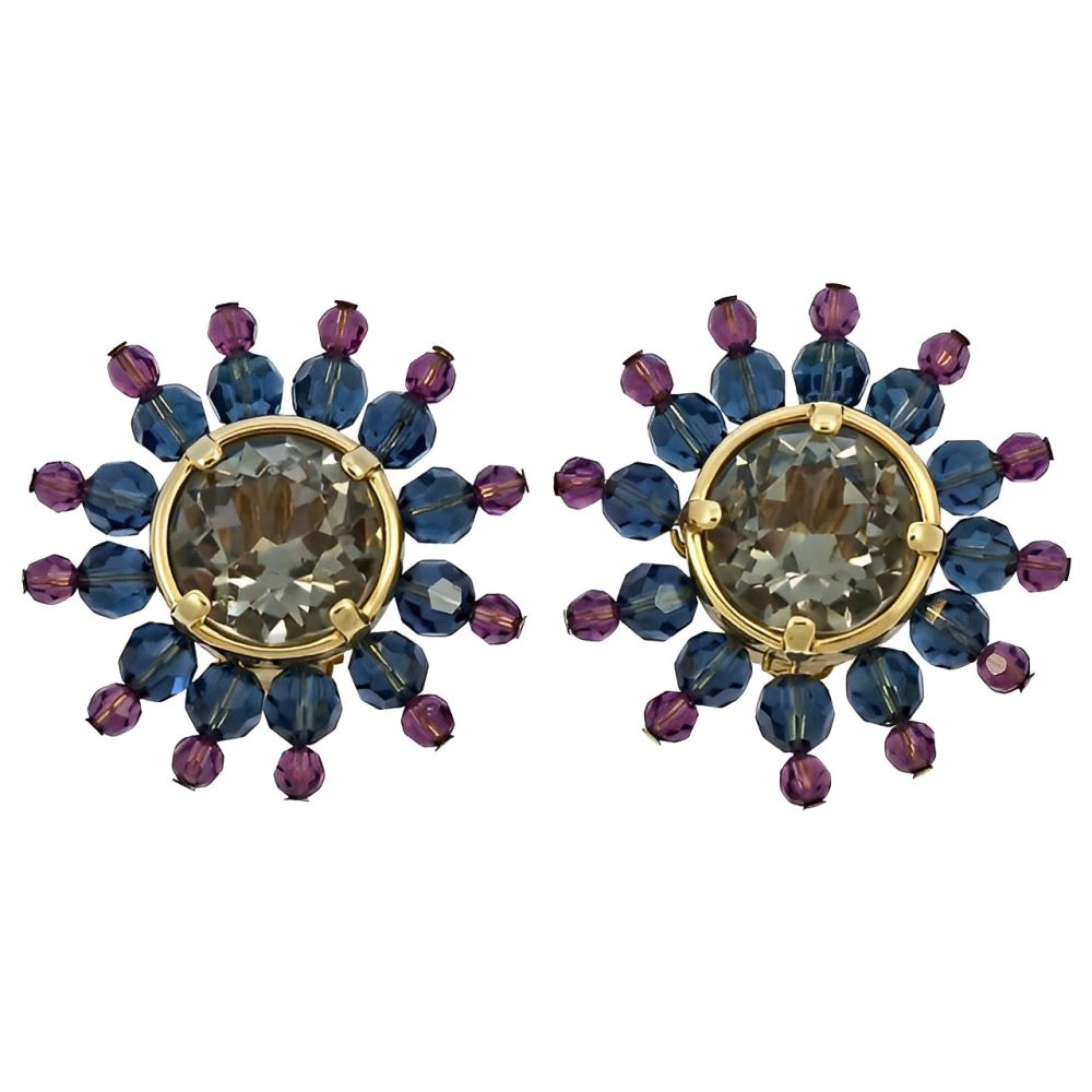 Swarovski Pink Blue Gold Star Burst Crystal Clip On Earrings